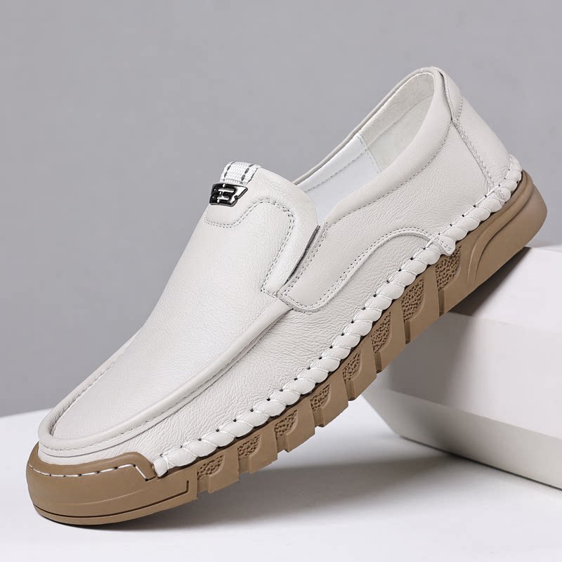 皮鞋男春季男士真皮休闲鞋一脚蹬透气白色头层牛皮手工缝线乐福鞋