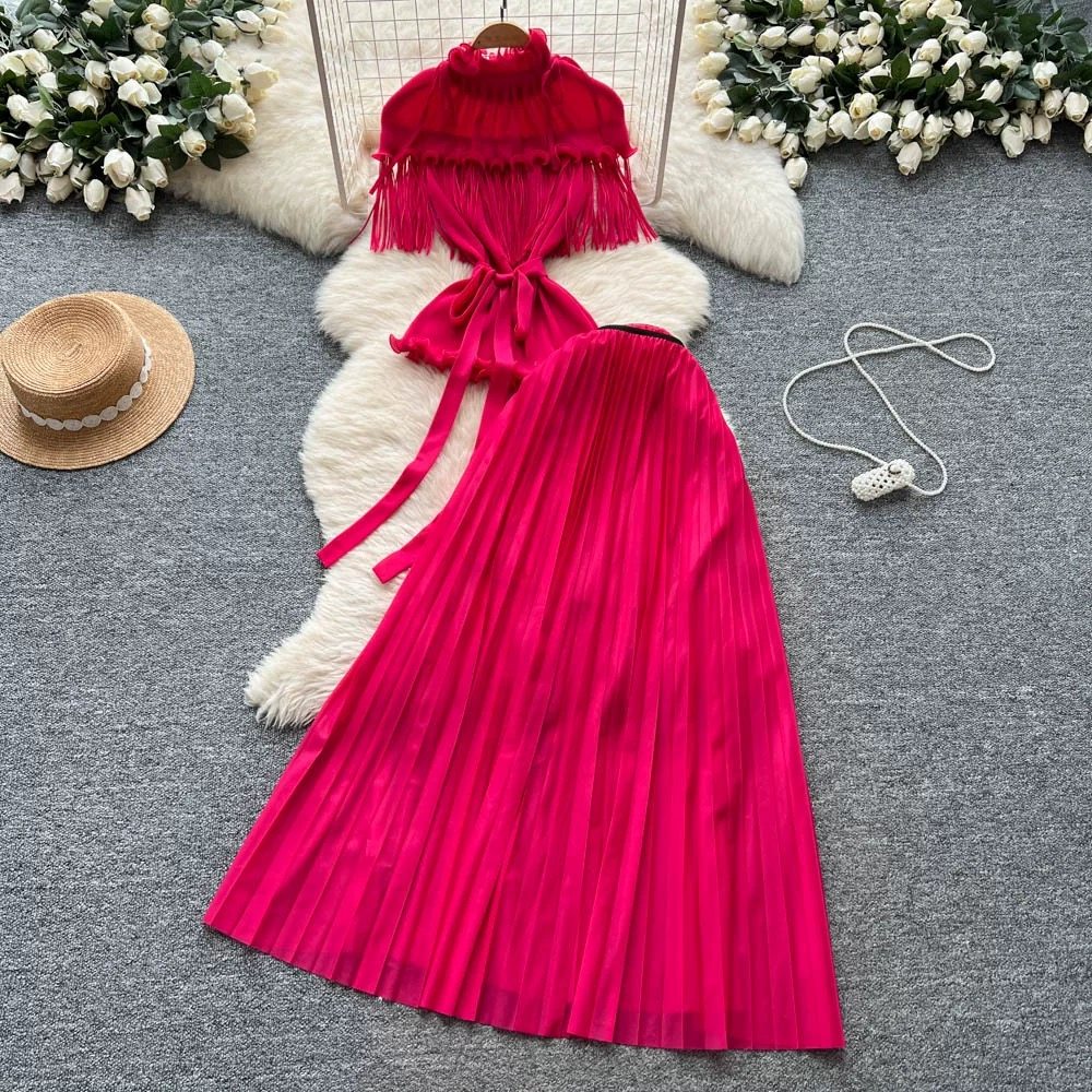 褶皱工艺大码胖mm显瘦套装裙时髦高级感流苏系带上衣+百褶半身裙