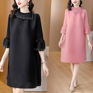 2026春秋压褶褶皱休闲连衣裙女减龄大码 气质宽松显瘦遮肚子A字裙