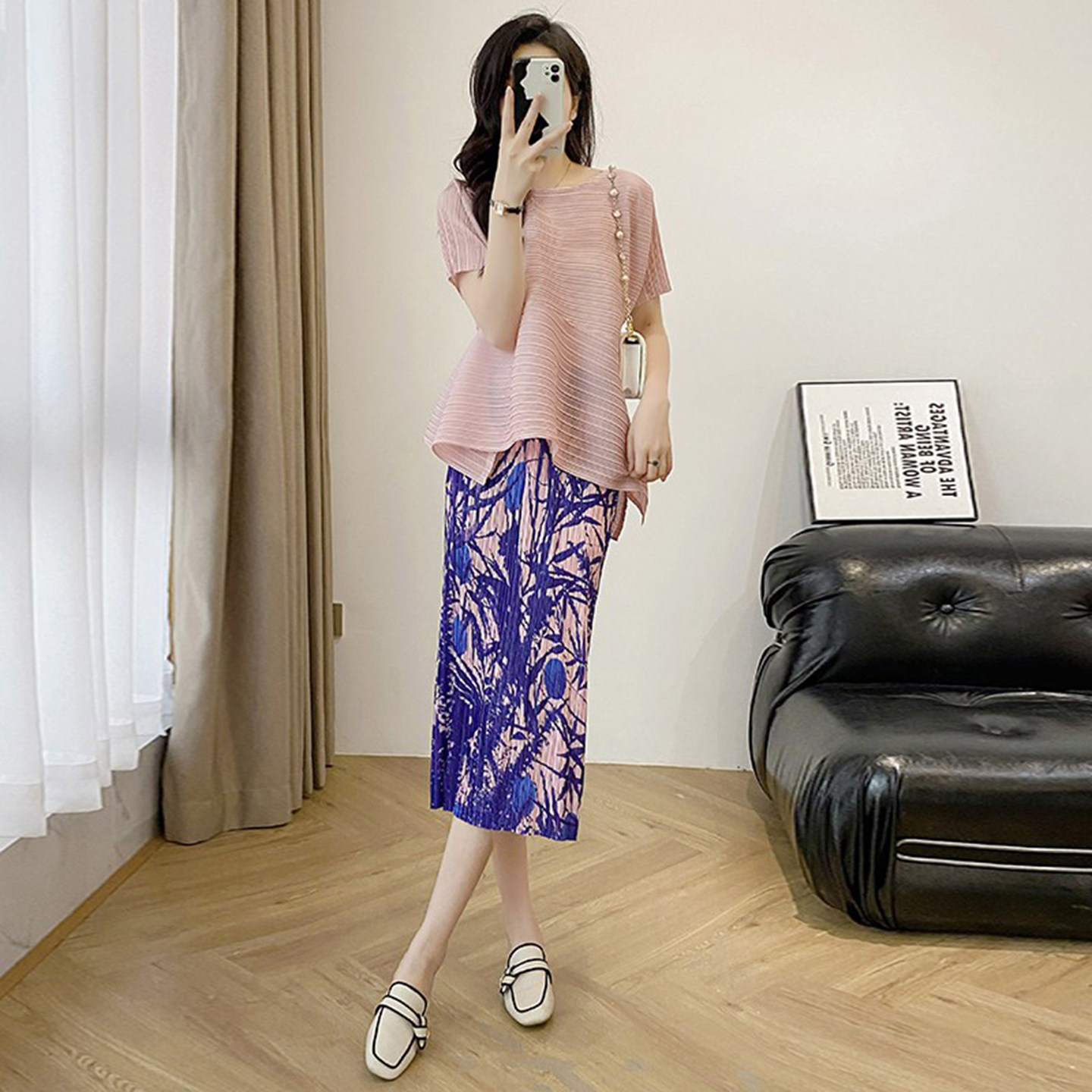 休闲风短袖上衣+印花褶皱工艺两件套女高腰显瘦开叉半身裙套装夏