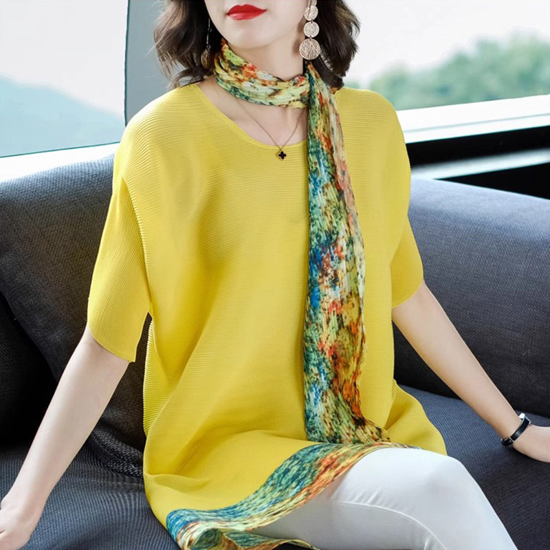 大码女装褶皱t恤2026年新款夏季圆领胖mm宽松遮肚子印花短袖上衣