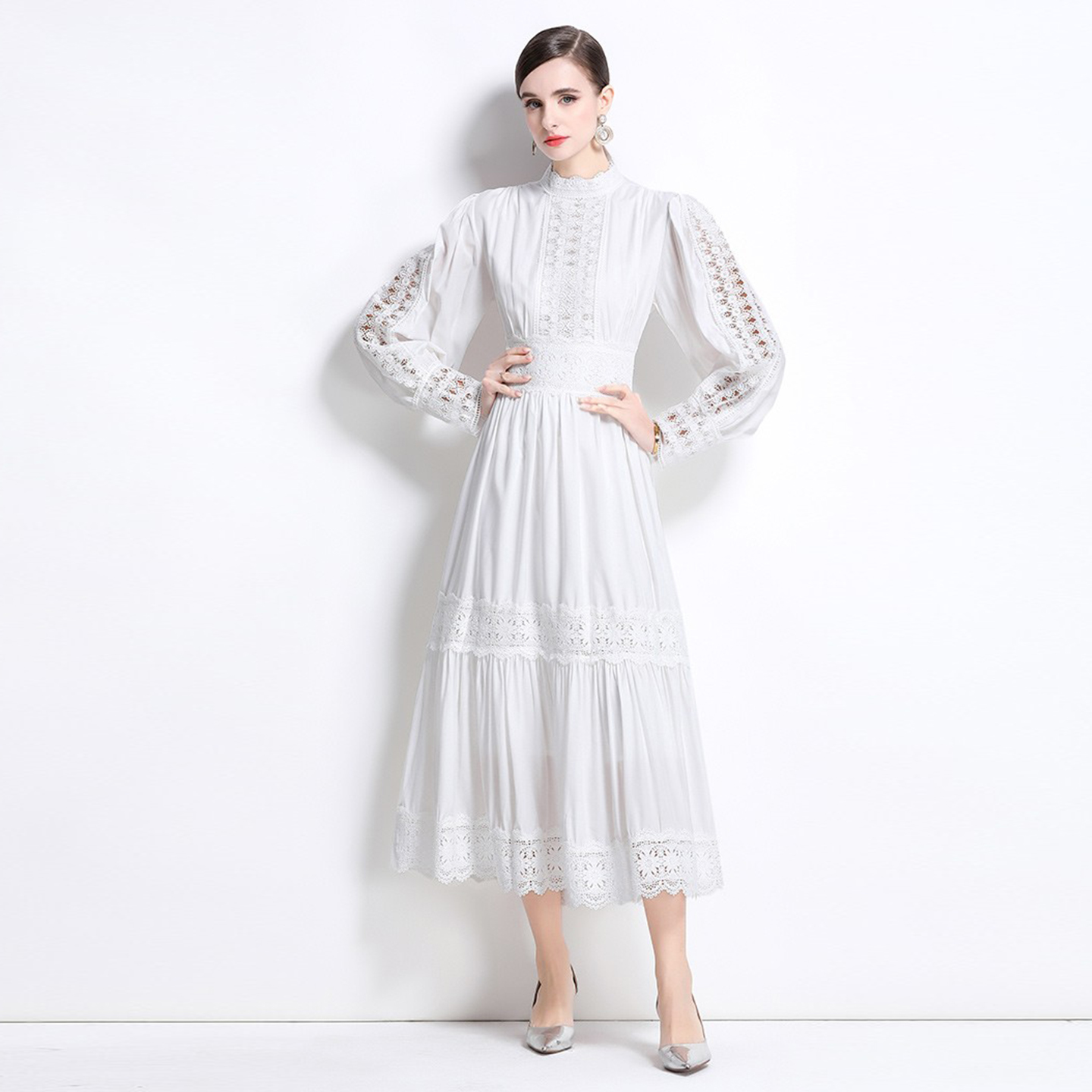 2026春秋季新款淑女风立领灯笼袖蕾丝连衣裙女收腰显瘦气质长裙子