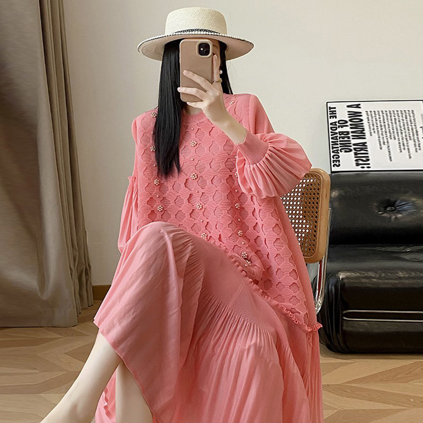 温柔慵懒风钉珠灯笼袖连衣裙褶皱工艺长裙高级感显瘦拼接荷叶边裙