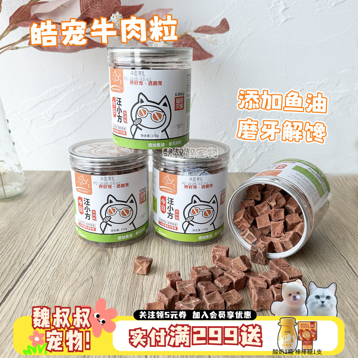 皓宠牛肉粒汪小方低温烘焙犬用狗零食磨牙洁齿170g奖励训练牛肉干