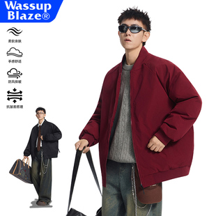 WASSU飞行夹克羽绒服男女款红色冬季加厚立领情侣棒球服保暖外套