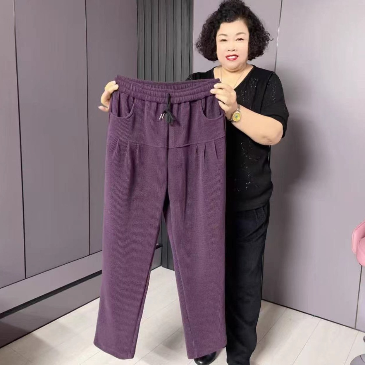 2025秋冬新款韩版时尚松紧腰加肥加大码遮肉显瘦加厚奥尼尔哈伦裤