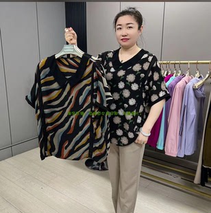 大码女装2024夏季新款宽松显瘦遮肉娃娃领减龄雪纺印花网红打底衫