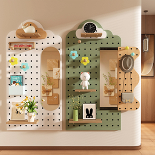定制穿衣镜一体实木洞洞板造型墙入户玄关墙面上全身镜收纳置物架