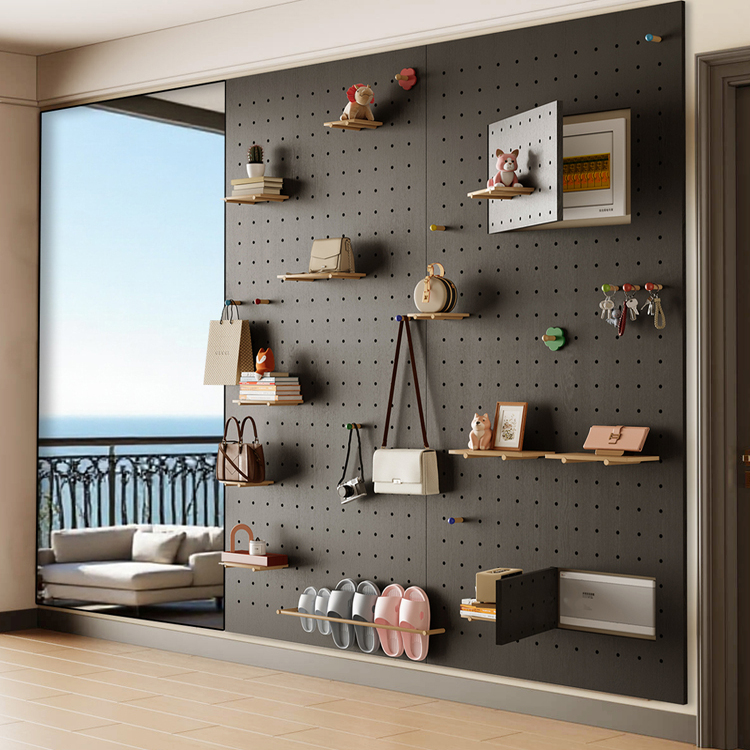 定制镜子入户玄关洞洞板穿衣镜一体组合简约风格实木质收纳置物架