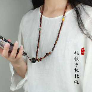 国潮风手机挂绳莲花平安扣长款手机链木珠佛系挂脖可拆卸女项链绳