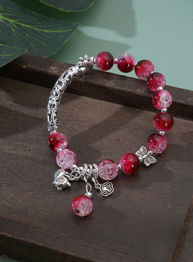 七彩爆花晶手链招财猫流苏手串女