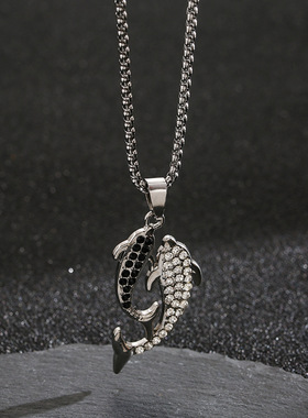 黑白锆石双海豚微镶吊坠项链饰品