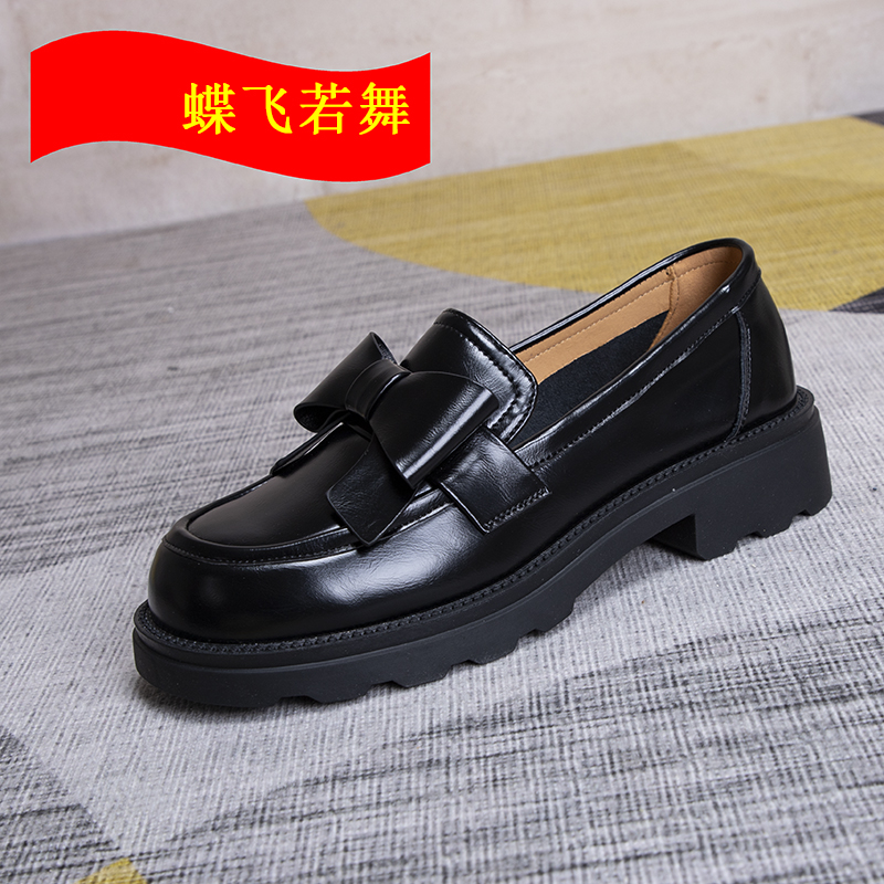 蝴蝶结配饰米色乐福鞋粗跟小皮鞋
