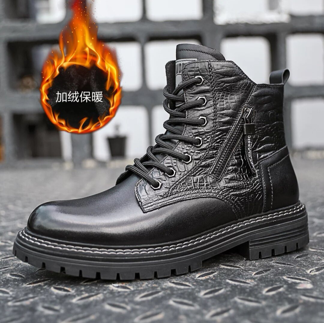 名人烟斗鳄鱼纹马丁靴2022冬季新款真皮加绒棉鞋厚底商务休闲男靴