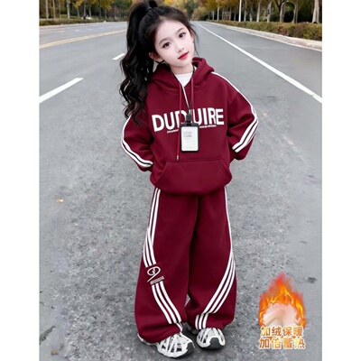 新年红色女童加绒卫衣卫裤两件套