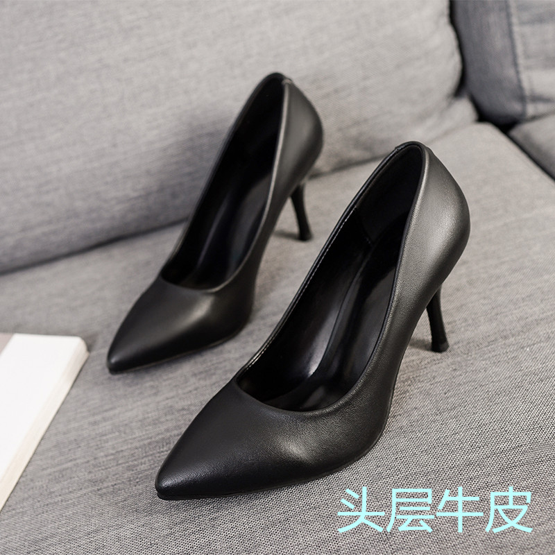 Snow Yierkang high heels black shallow mouth single shoes pointed interview professional leather middle heel formal womens work shoes