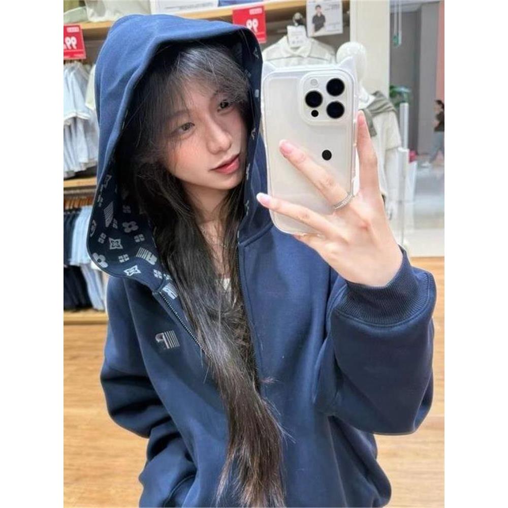 美式高街灰色字母刺绣连帽卫衣女卫衣/绒衫
