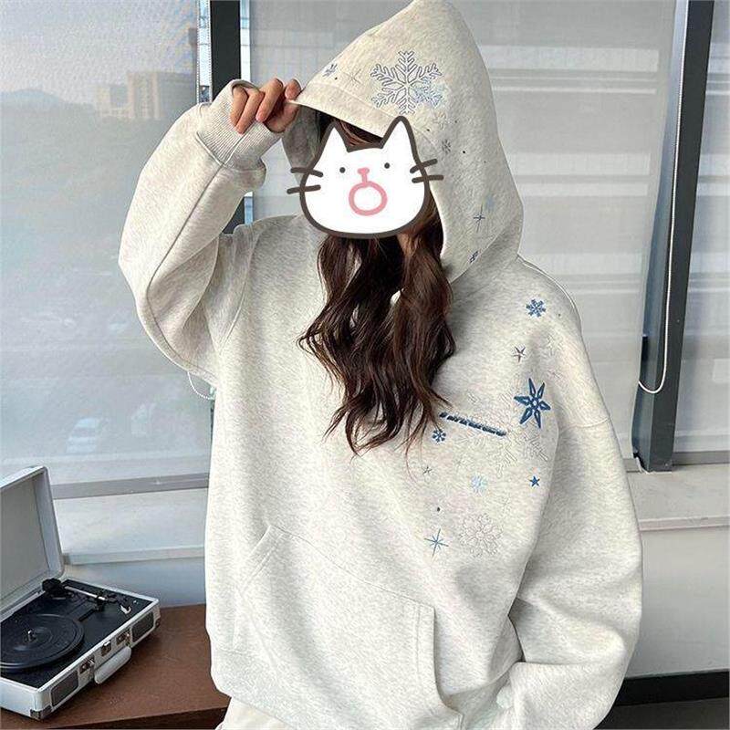 秋冬百搭小众设计感情侣上衣chic美式复古雪花星星刺绣连帽卫衣女