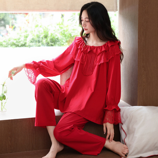 大红色睡衣女士春秋款纯棉长袖套装喜庆本命年全棉宽松全棉家居服