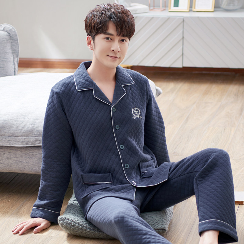 秋冬季薄夹棉睡衣男士长袖纯棉空气棉加厚家居服三层夹层爸爸套装