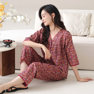 睡衣女士春秋款梭织纯棉七分袖2025新款夏季全棉加大码薄款家居服