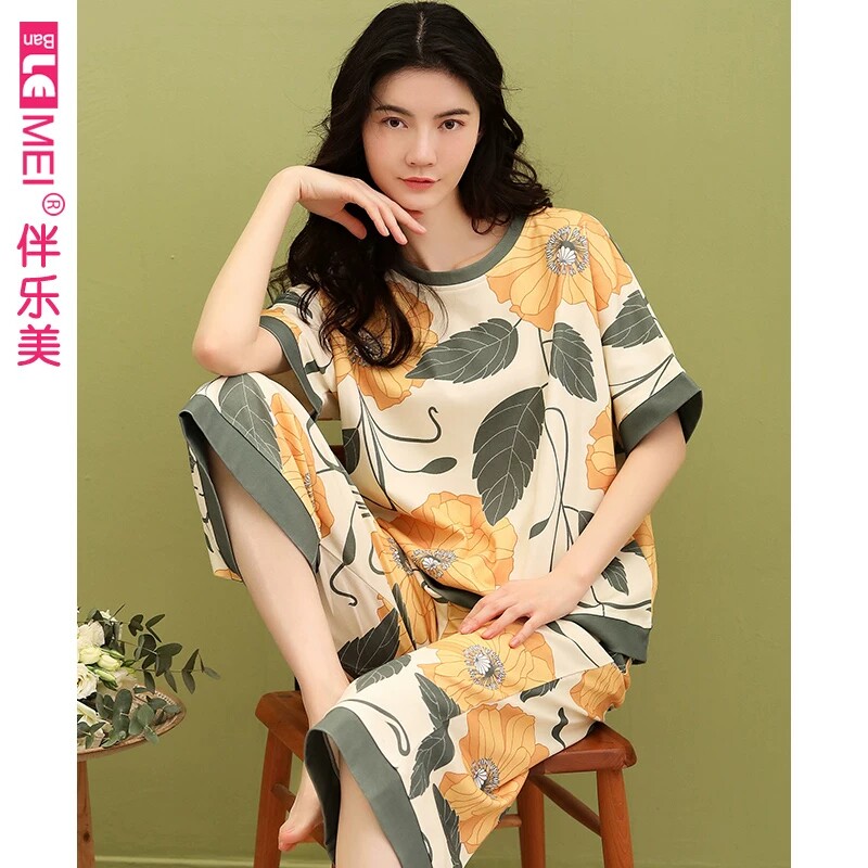 带胸垫睡衣女夏季纯棉休闲短袖七分裤薄款宽松全棉家居服大码套装
