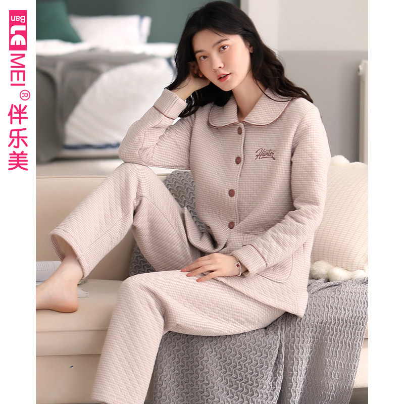 秋冬季女士中老年妈妈纯棉大码睡衣三层保暖夹层薄夹棉加厚家居服
