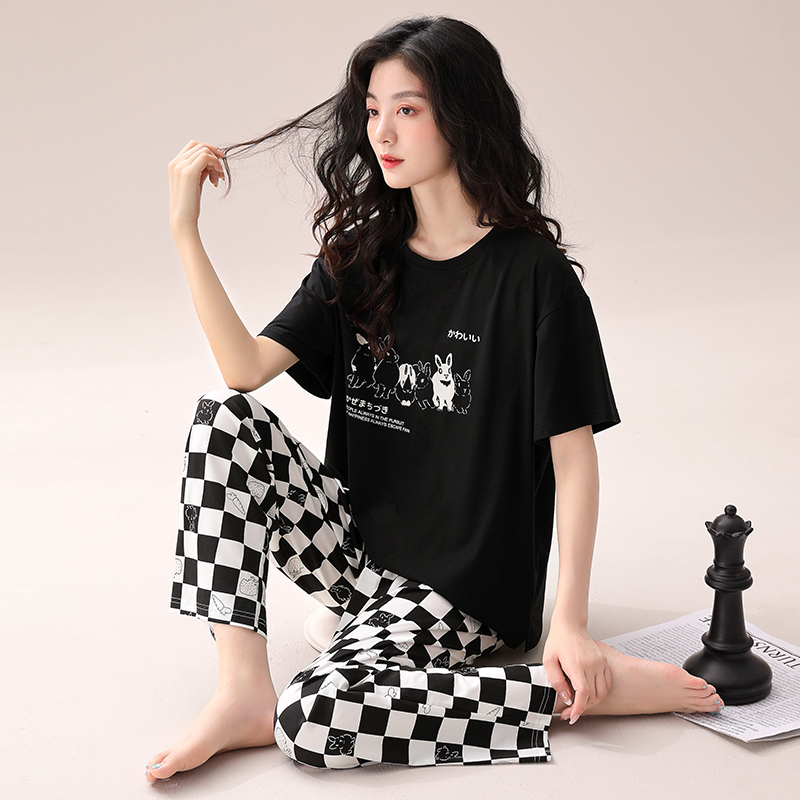 韩版女卡通短袖长裤睡衣纯棉夏天可爱宽松加大码休闲家居服套装