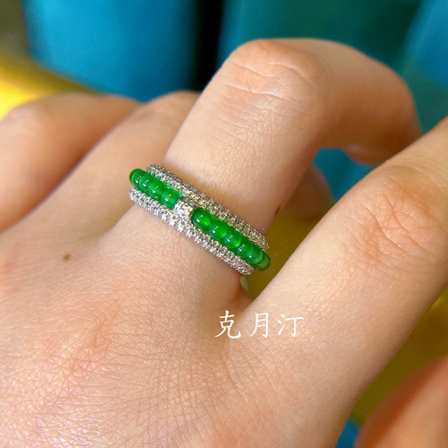 天然A货冰种阳绿翡翠指环指圈排戒翡翠小米珠戒指百搭S925银镀金