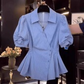 短袖 条纹衬衫 女2025夏季 新款 胖mm遮肚子显瘦收腰上衣 大码 小衫 法式