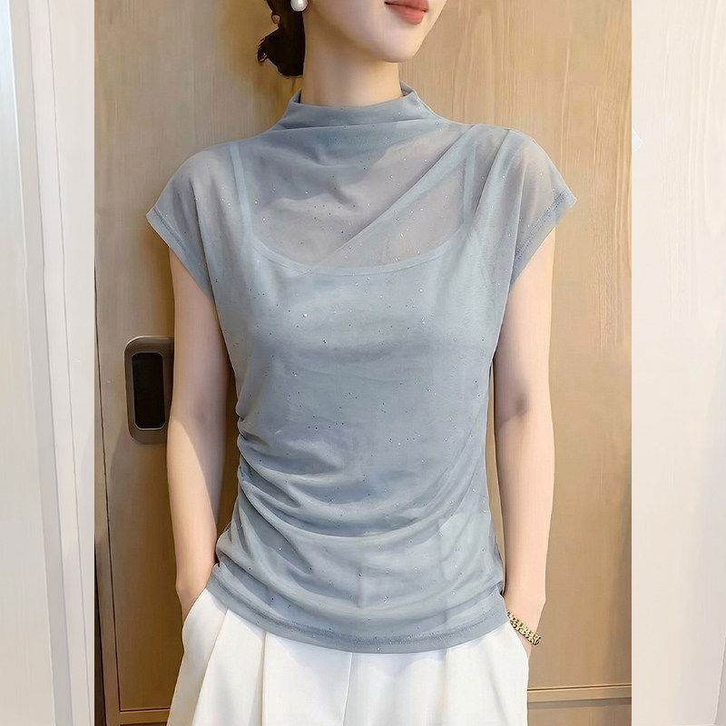 巨好看的网纱亮片假两件吊带T恤女夏季新款设计感不撞衫修身上衣 - 实物图