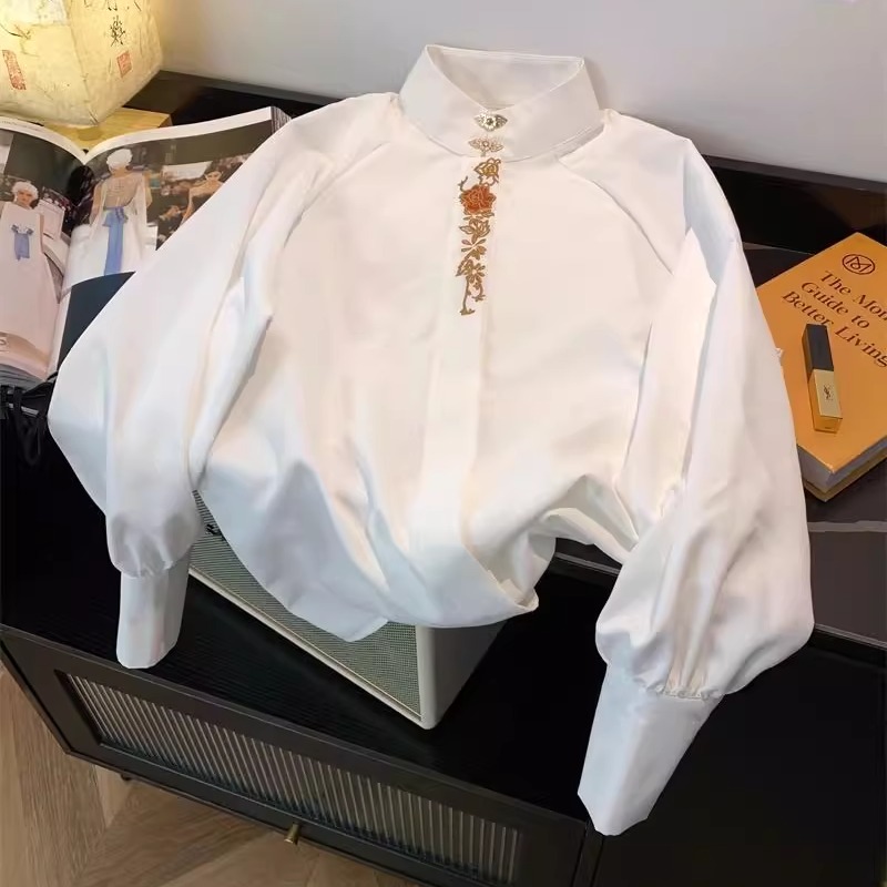 新中式国风刺绣春秋配马面裙衬衫小立领汉服衬衣设计感小众上衣女