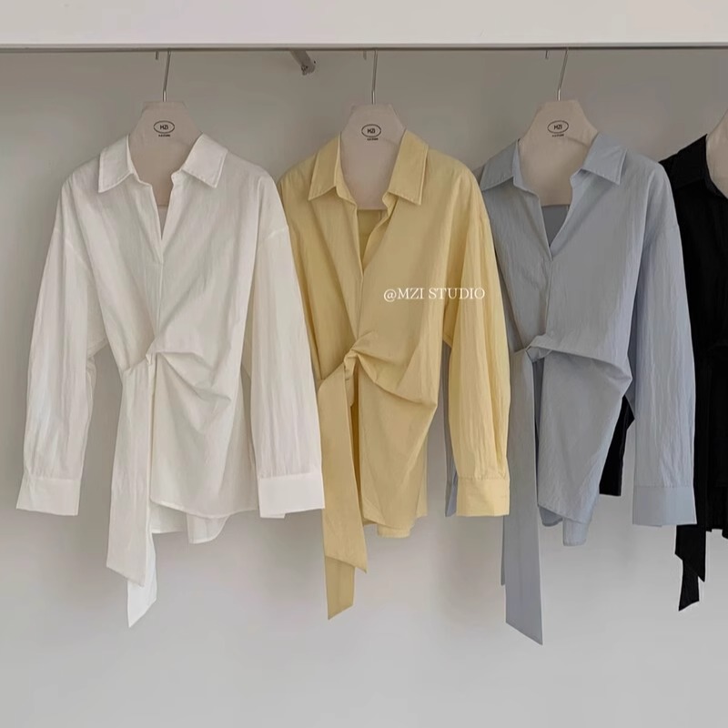 春夏韩系气质侧边系带收腰衬衫女设计感百搭显瘦翻领长袖上衣