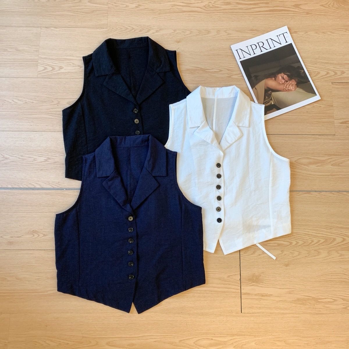 韩版夏季时尚老钱风单排扣翻领无袖衬衫女宽松显瘦百搭小马甲