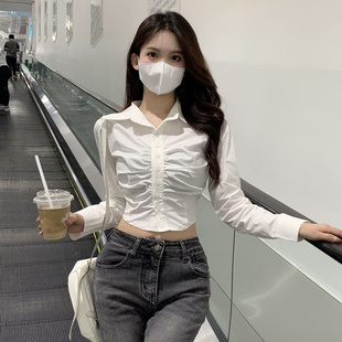 辣妹性感修身显瘦polo领长袖衬衣夏超仙褶皱收腰蓝色衬衫上衣女