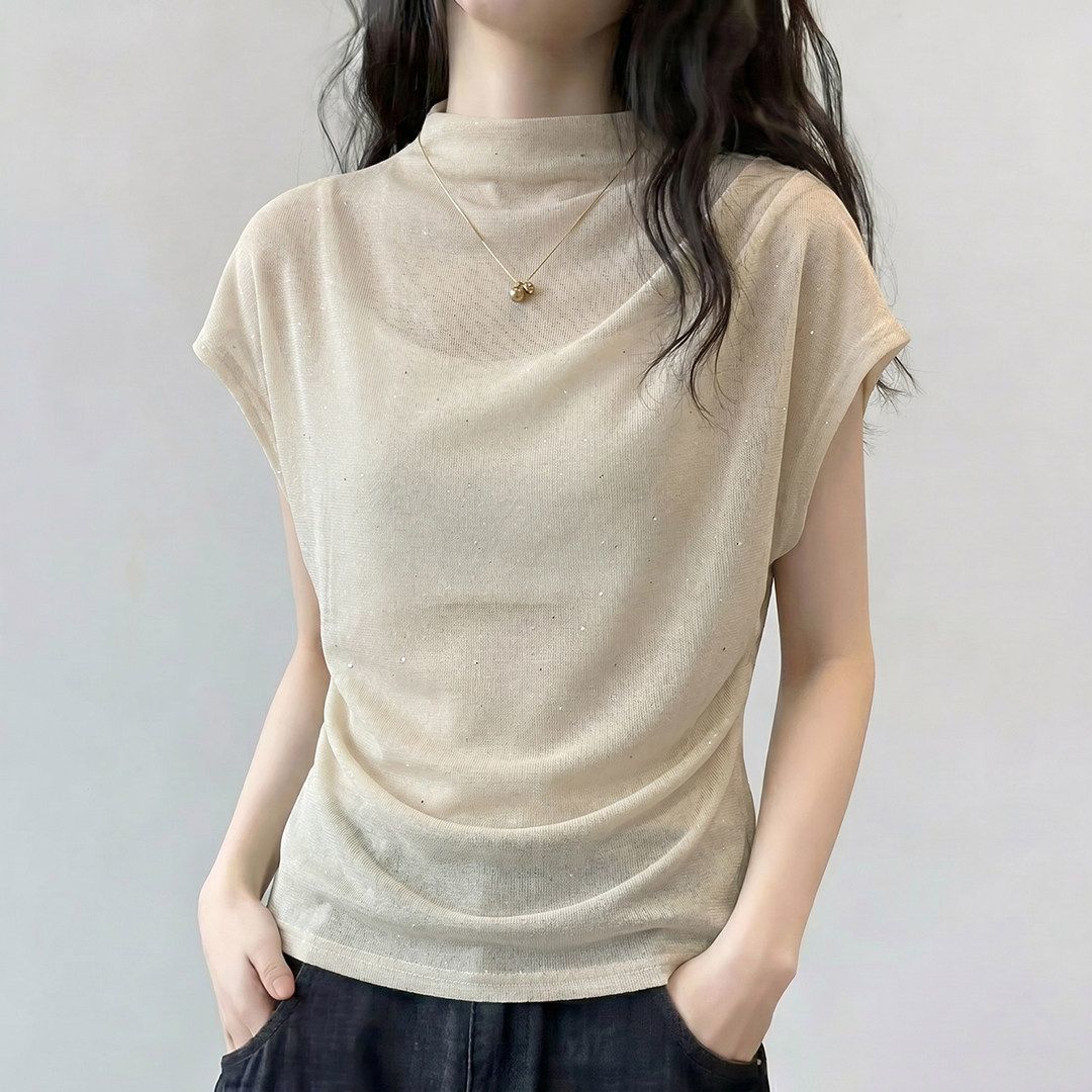 纯欲风透视网纱半高领t恤女夏季轻薄防晒吊带拼接假两件气质上衣