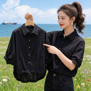 蝙蝠袖衬衣女装2026夏季新款韩版宽松休闲下摆收腰短袖衬衫上衣潮