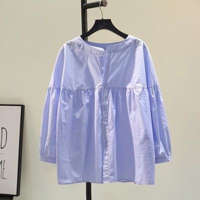 清仓捡漏~专柜撤回大牌外贸春秋圆领娃娃衫宽松蓝色棉衬衫上衣女