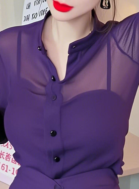 法式黑色网纱薄款长袖微透衬衫女新款爆款春夏高级感气质打底上衣