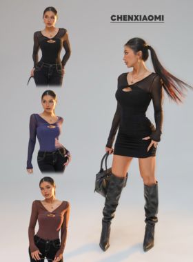 【蜜蜜家】V领网纱拼接可拆胸垫抓绒上衣/连衣裙短裙25/Z691/Y803