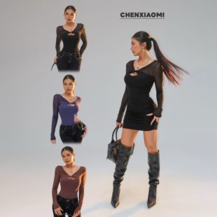 Z691 连衣裙短裙25 V领网纱拼接可拆胸垫抓绒上衣 Y803 蜜蜜家