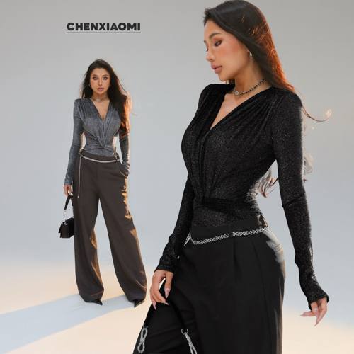 【蜜蜜家】仲夏夜星空 欧美辣妹显瘦修身V领带垫肩连体衣 25/Z597