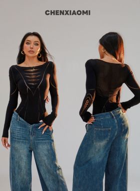 【蜜蜜家】梦伴 欧美辣妹显瘦修身设计师百搭镂空连体衣 WD/02582