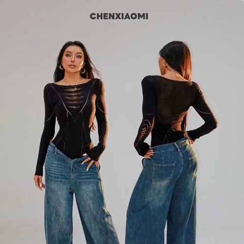 【蜜蜜家】梦伴 欧美辣妹显瘦修身设计师百搭镂空连体衣 WD/02582