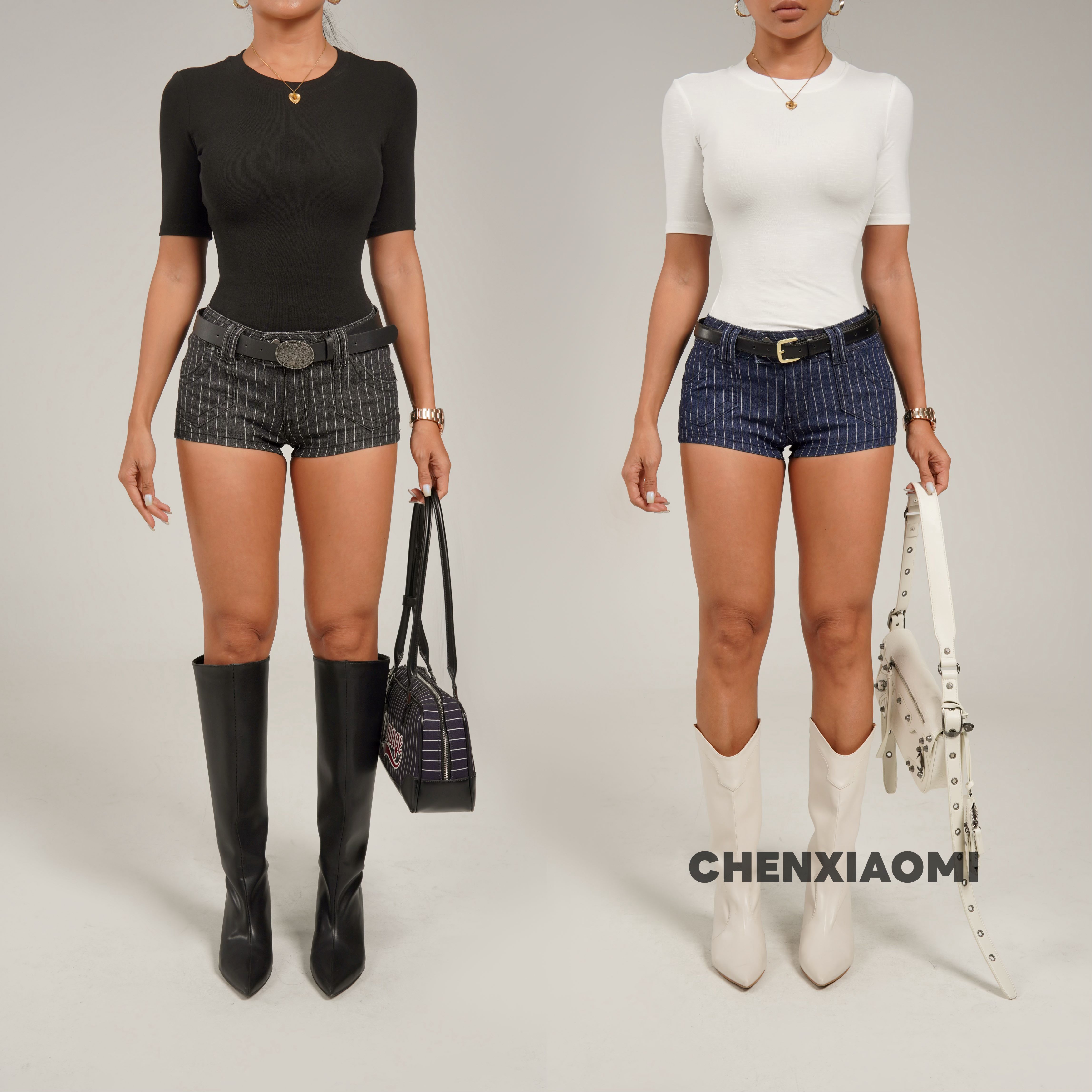 【蜜蜜家】秋风微澜 欧美辣妹修身性感带丰胯垫条纹短裤 25/K142