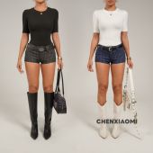 K142 欧美辣妹修身 性感带丰胯垫条纹短裤 蜜蜜家 秋风微澜