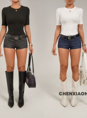 【蜜蜜家】秋风微澜 欧美辣妹修身性感带丰胯垫条纹短裤 25/K142