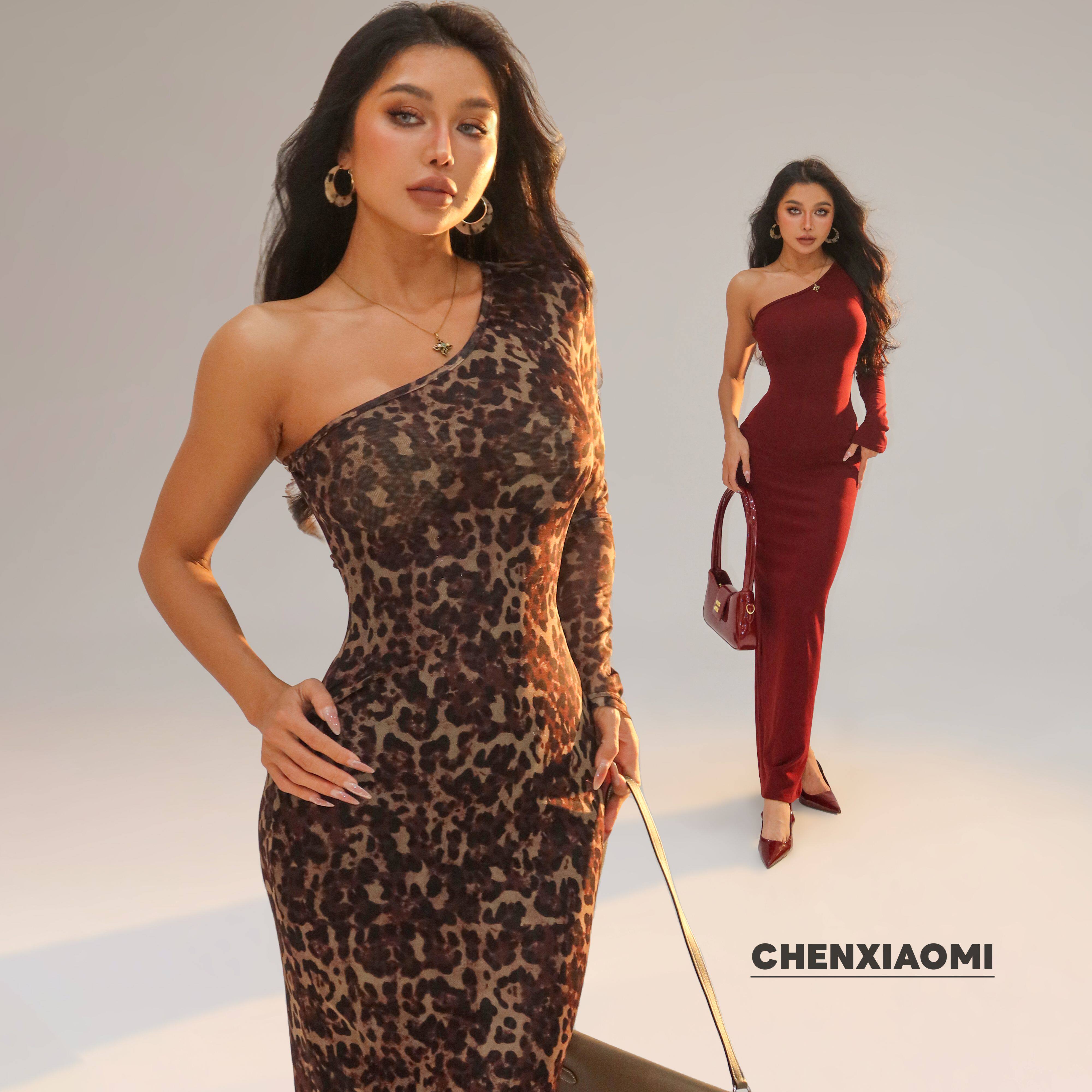 【蜜蜜家】新野之风 欧美辣妹性感抓绒斜肩单边连衣裙长裙25/Y809