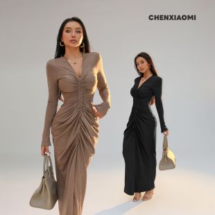 【蜜蜜家】琥珀夜航曲 欧美辣妹修身褶皱抓绒连衣裙长裙 25/Y782