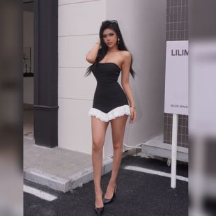 【蜜蜜家】暗夜精灵 欧美辣妹撞白蕾丝可拆胸垫梦露连衣裙25/Y543